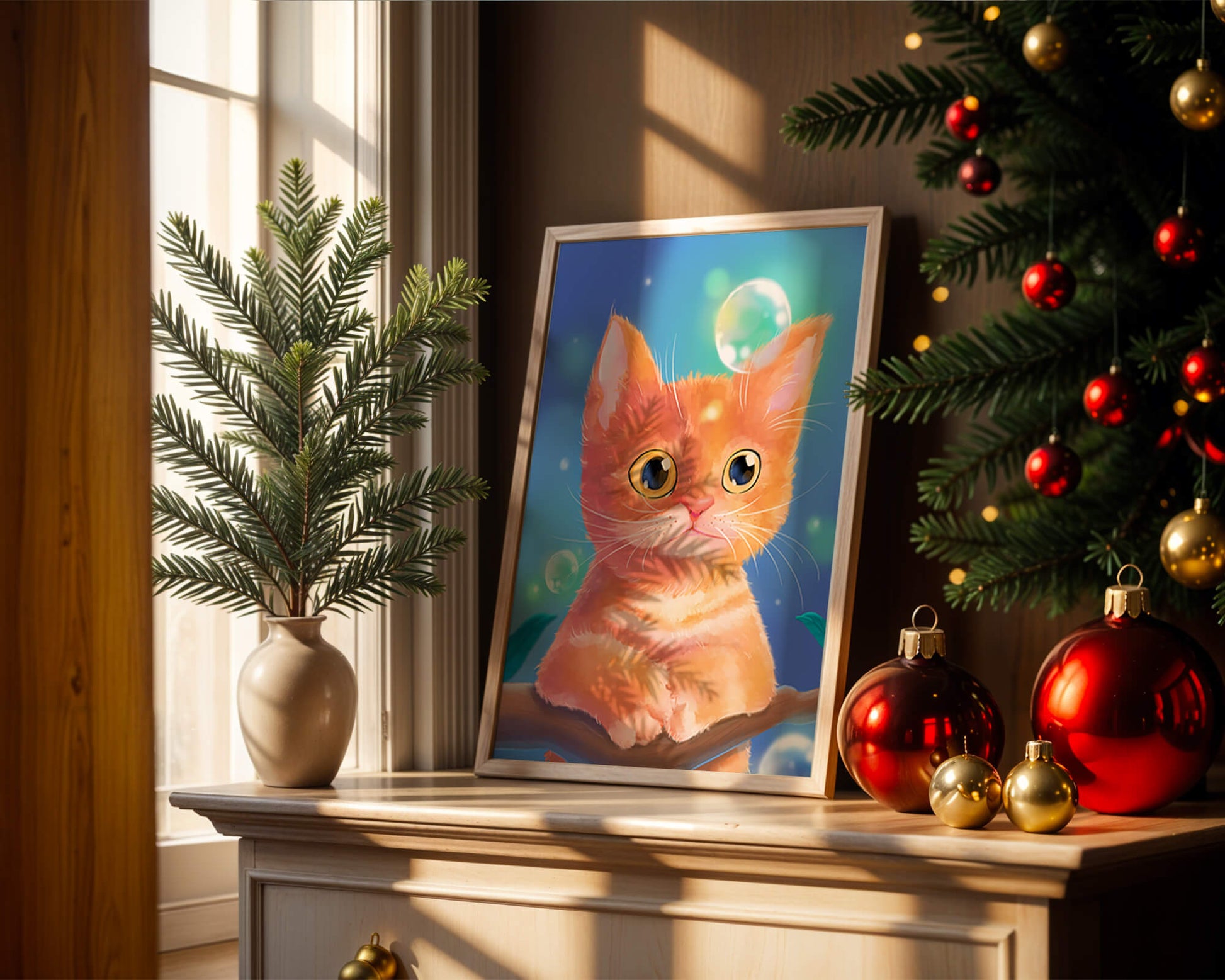 Adorable orange kitten illustration with bubbles and a colorful background
