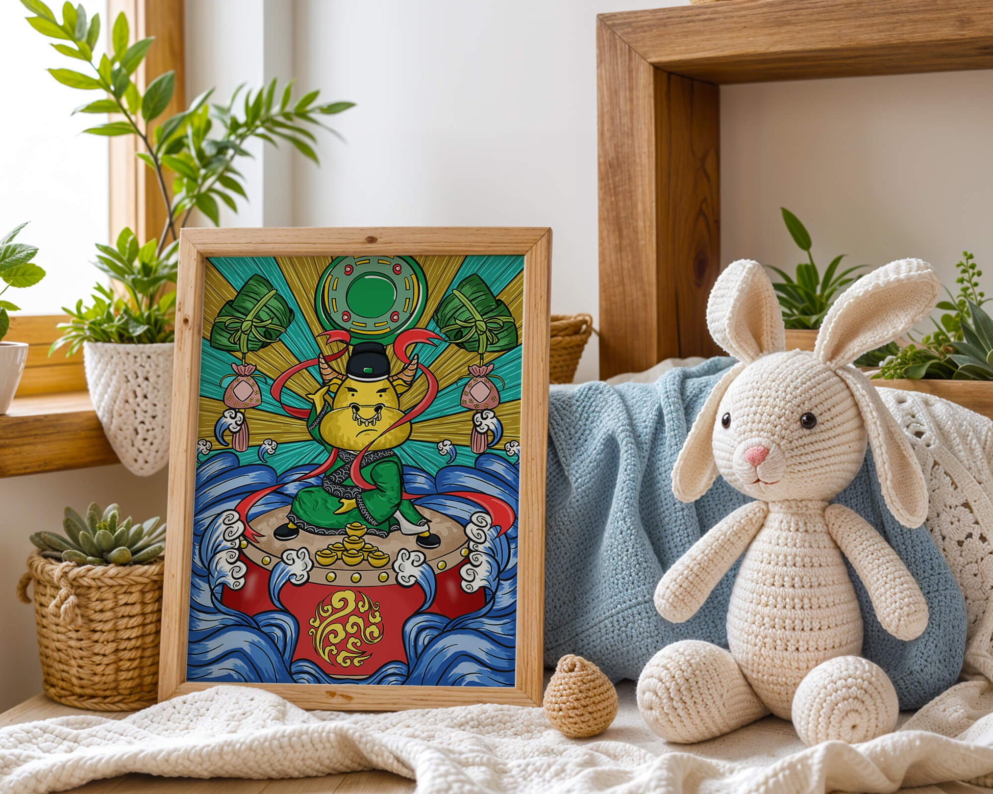 Colorful illustration of a mythical creature with traditional elements and vibrant colors