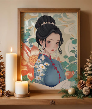 Una mujer elegante con vestido tradicional oriental con patrones florales y flores de loto