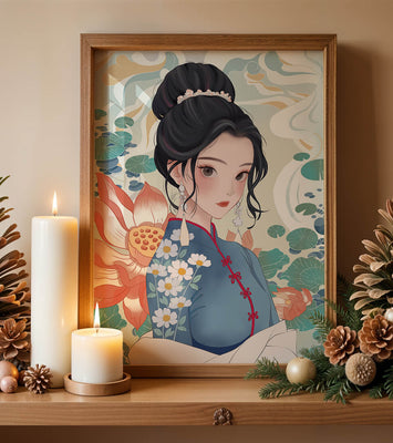 An Elegant Woman in Traditional Oriental Dress with Floral Patterns and Lotus Flowers