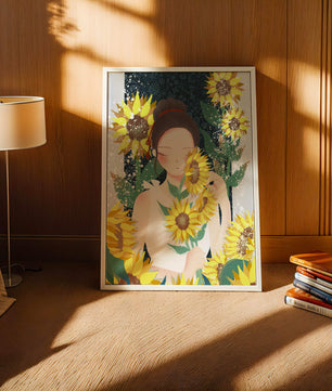 Young woman surrounded by vibrant sunflowers in a serene setting