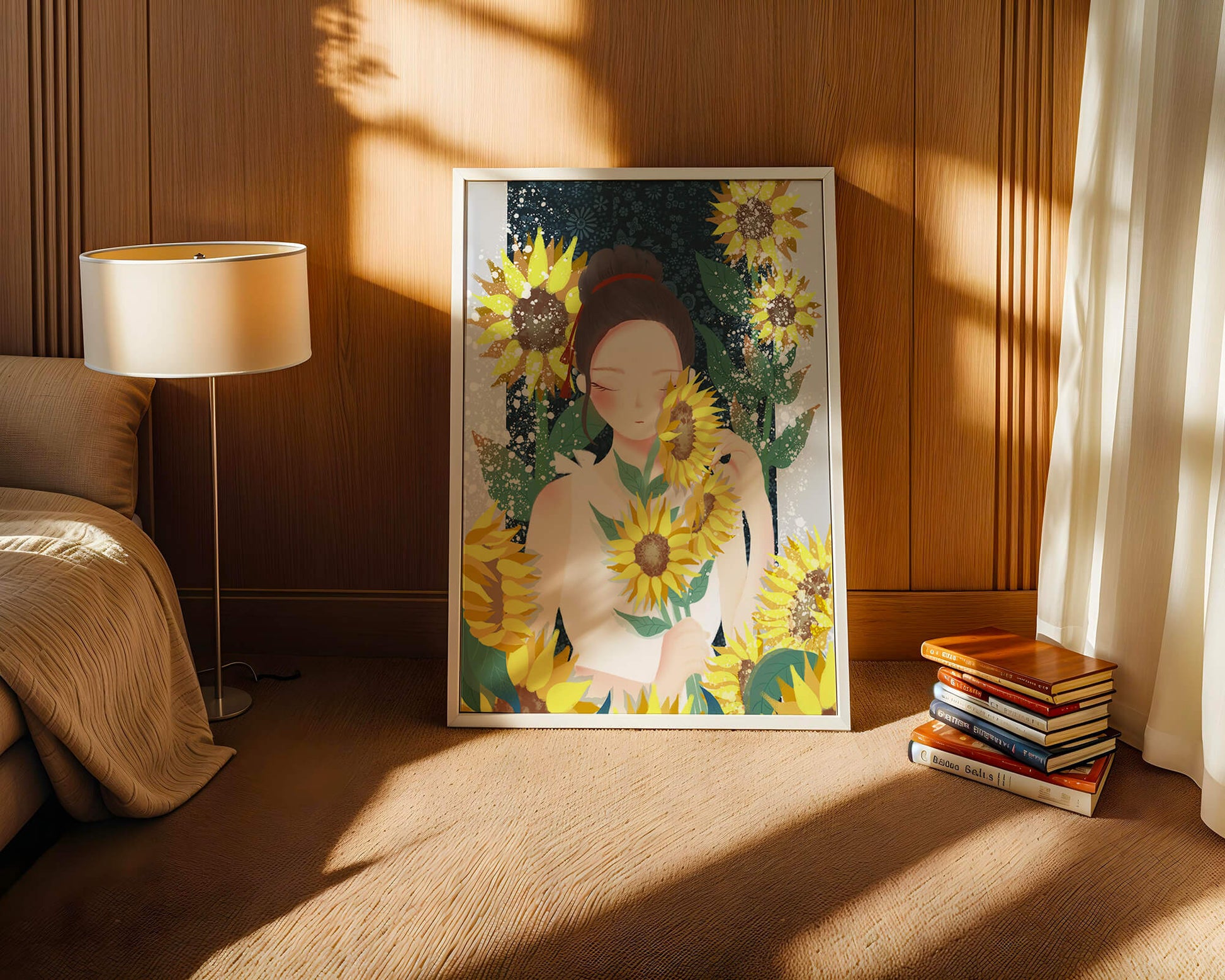 Young woman surrounded by vibrant sunflowers in a serene setting
