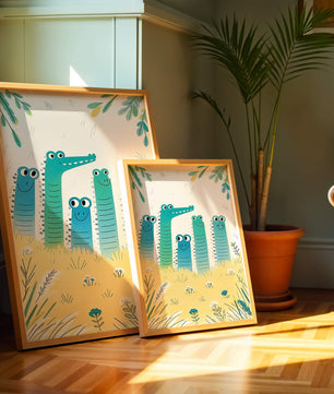 Illustration of Happy Cartoon Crocodiles in a Colorful Meadow - Mi tienda