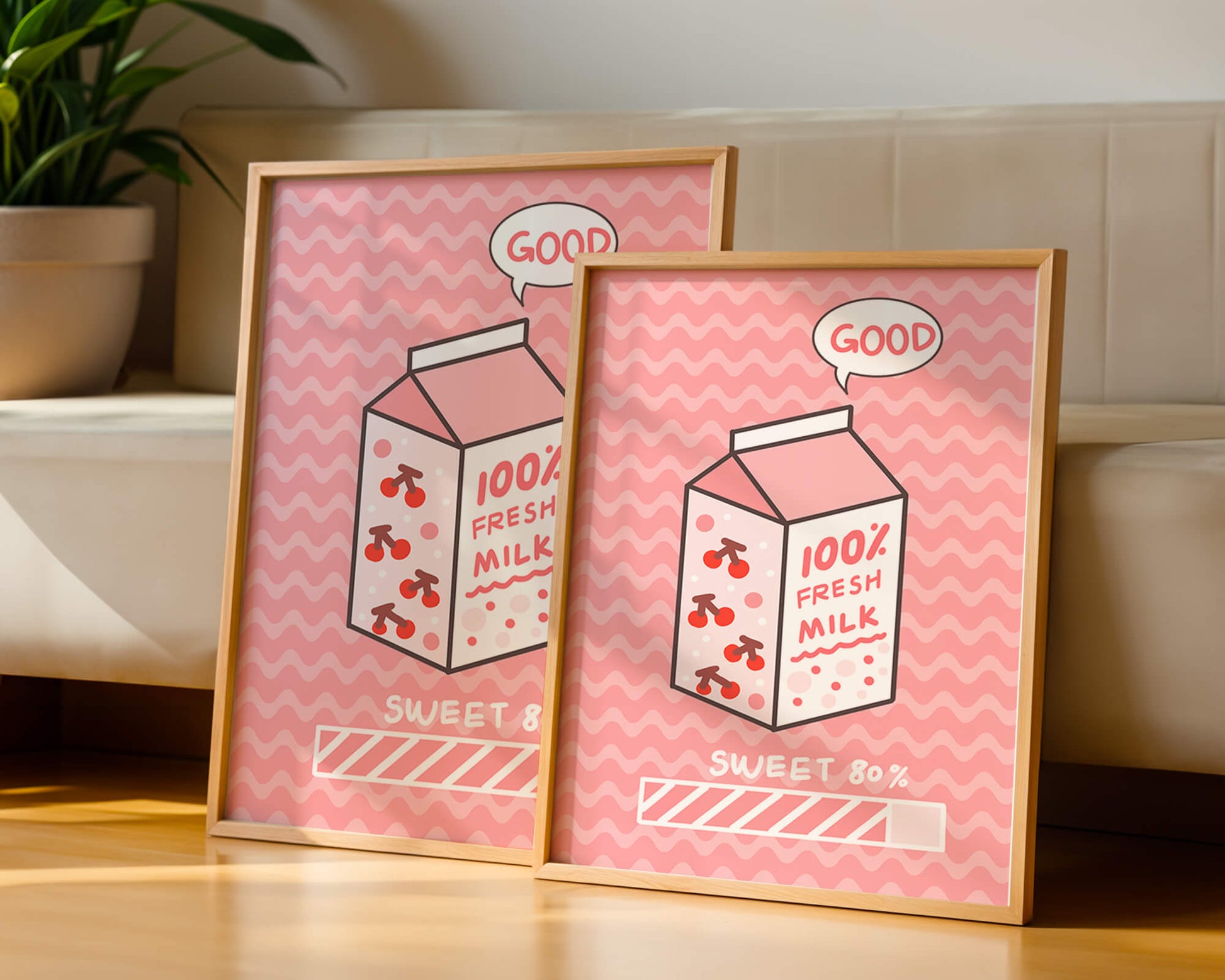 Playful illustration of milk carton with cherry design on pink background