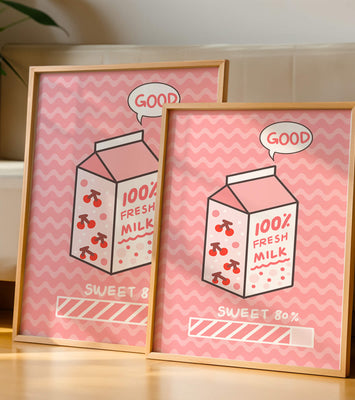 Playful illustration of milk carton with cherry design on pink background
