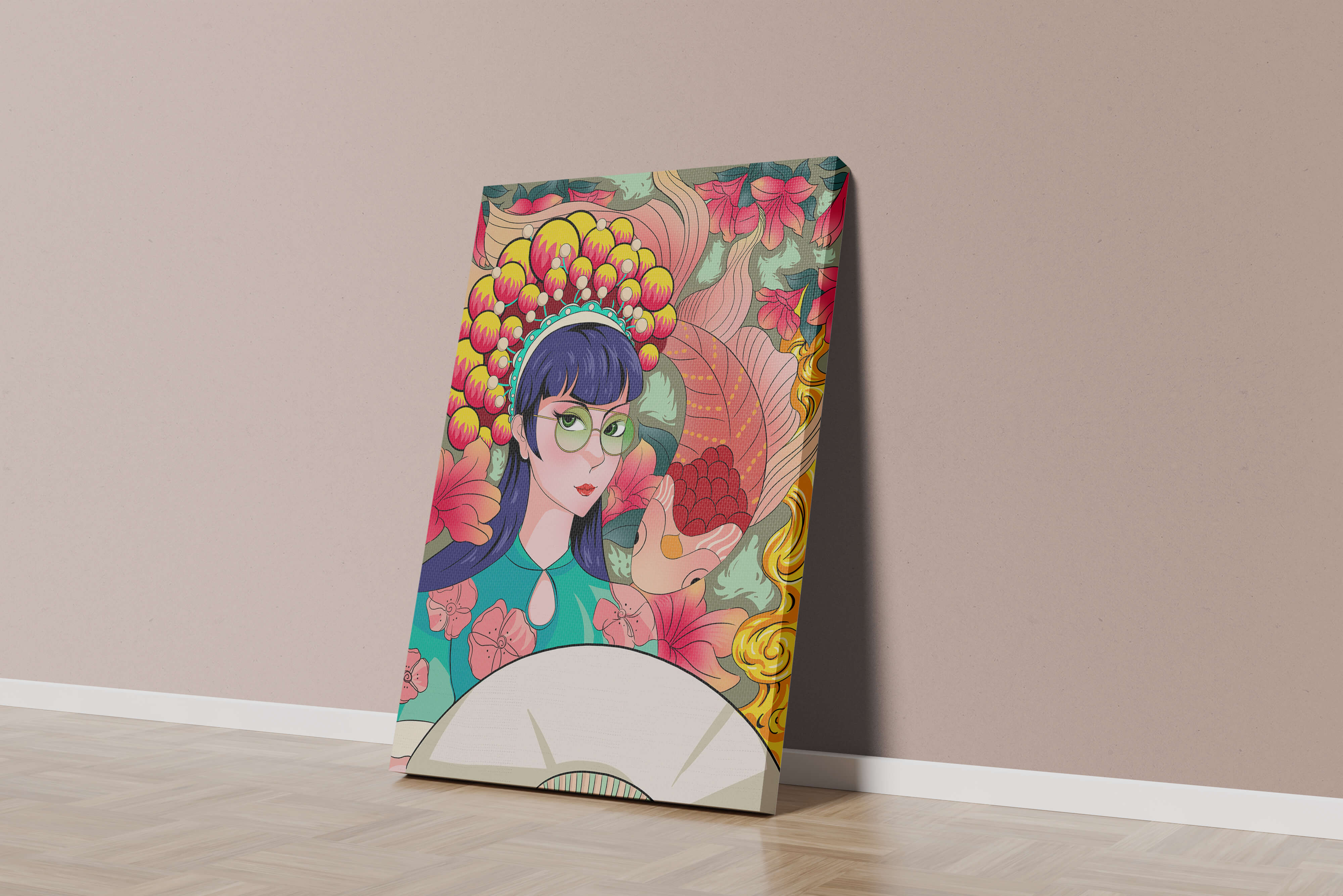 Colorful illustration of a woman with floral headdress and fish background