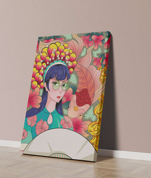 Illustration colorée d’une femme avec une coiffe florale et un fond de poissons