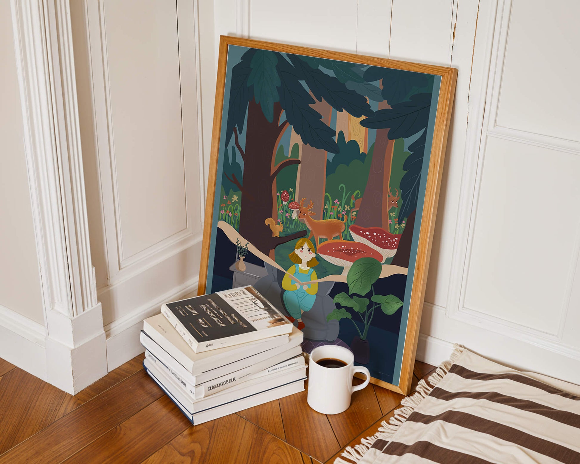 Figura femenina pacífica con criaturas del bosque y vegetación verde exuberante