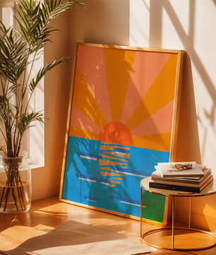 A vibrant sunrise illustration over the ocean with colorful rays
