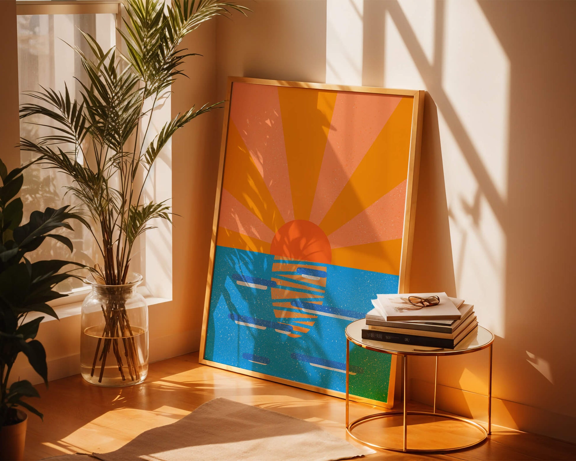A vibrant sunrise illustration over the ocean with colorful rays