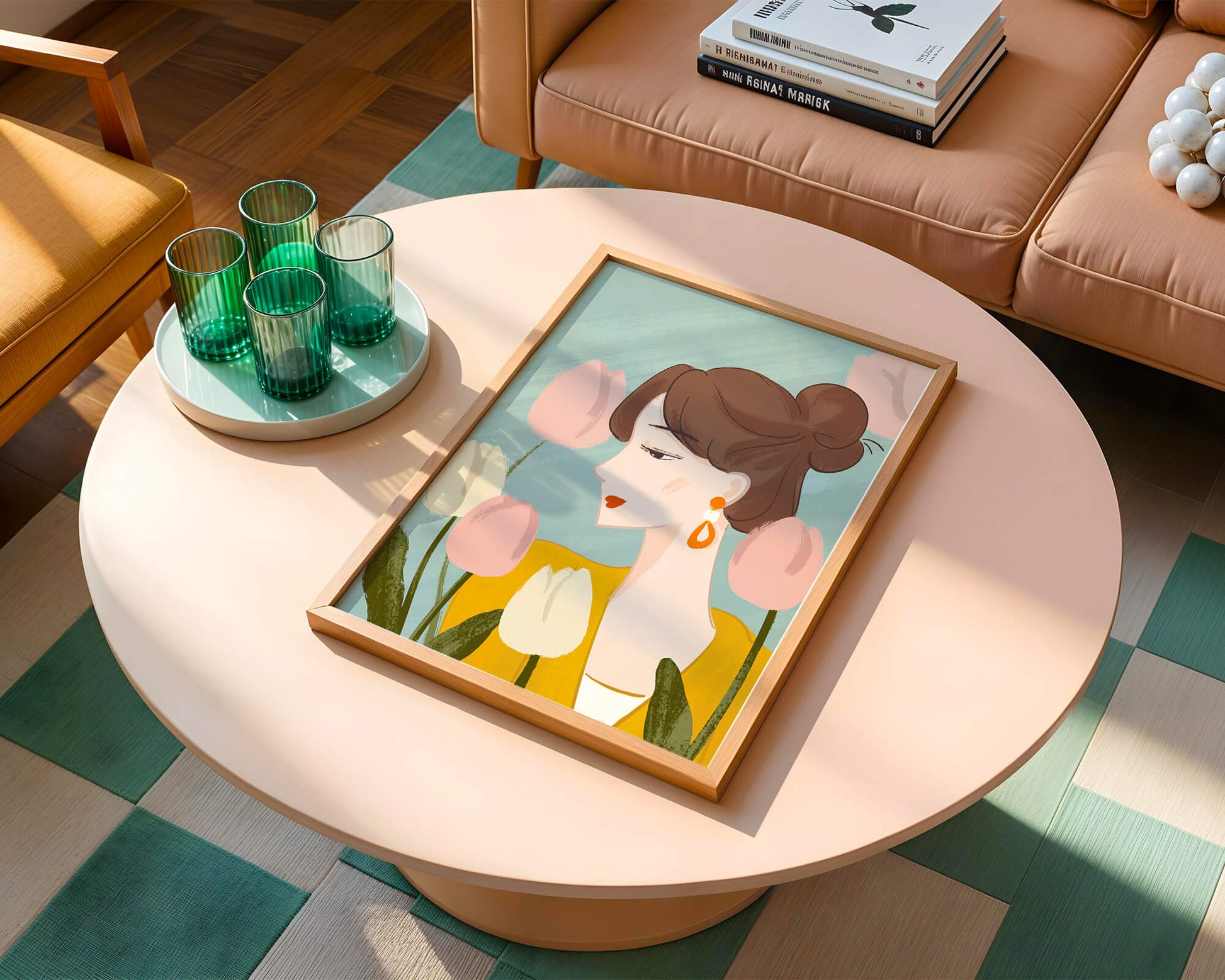 Serene woman surrounded by pastel tulips illustration