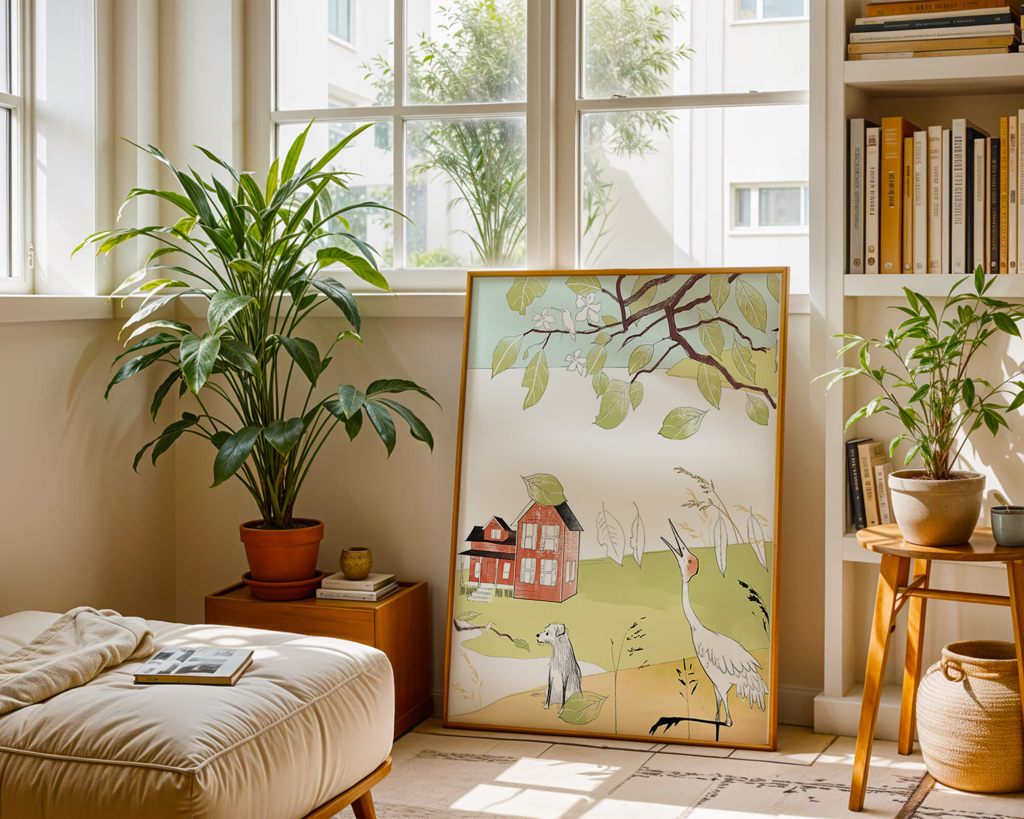 Tranquil rural landscape illustration with house, dog, and crane