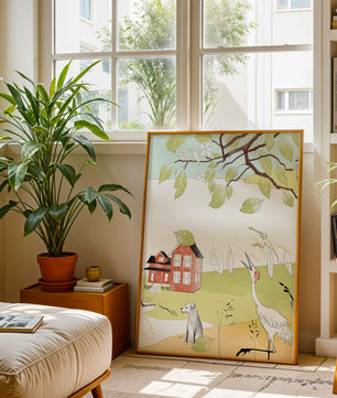 Tranquil rural landscape illustration with house, dog, and crane