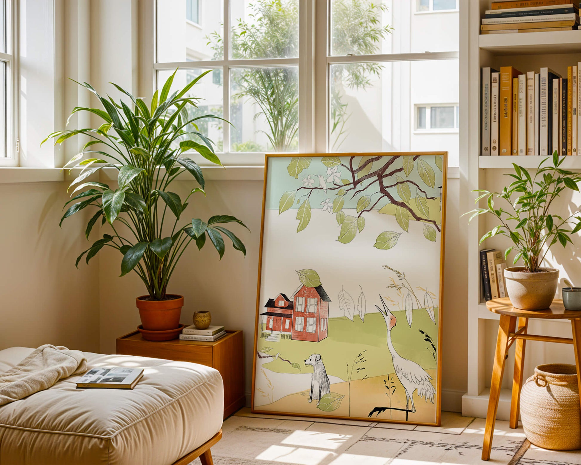 Tranquil rural landscape illustration with house, dog, and crane