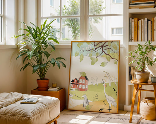 Tranquil rural landscape illustration with house, dog, and crane