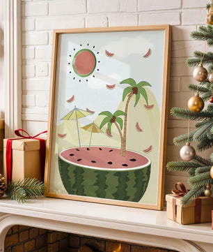 Summer Paradise with Watermelon Sun and Palms in Surreal Landscape