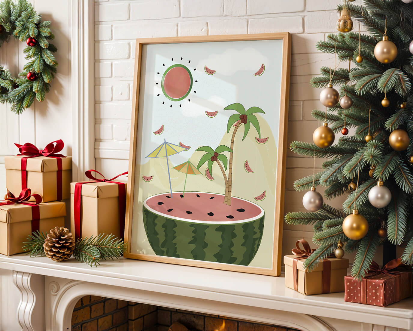 Summer Paradise with Watermelon Sun and Palms in Surreal Landscape