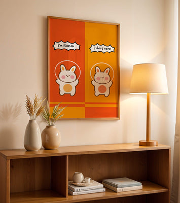 Adorable cartoon bunnies on vibrant orange and yellow background