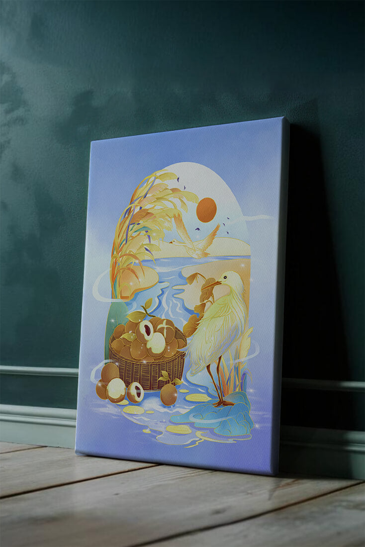 Serene landscape with a bird, fruit basket, and golden reeds under a bright sun