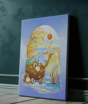 Serene landscape with a bird, fruit basket, and golden reeds under a bright sun