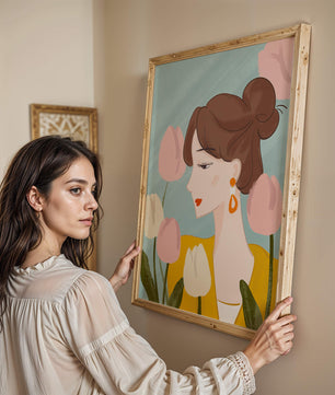 Serene woman surrounded by pastel tulips illustration