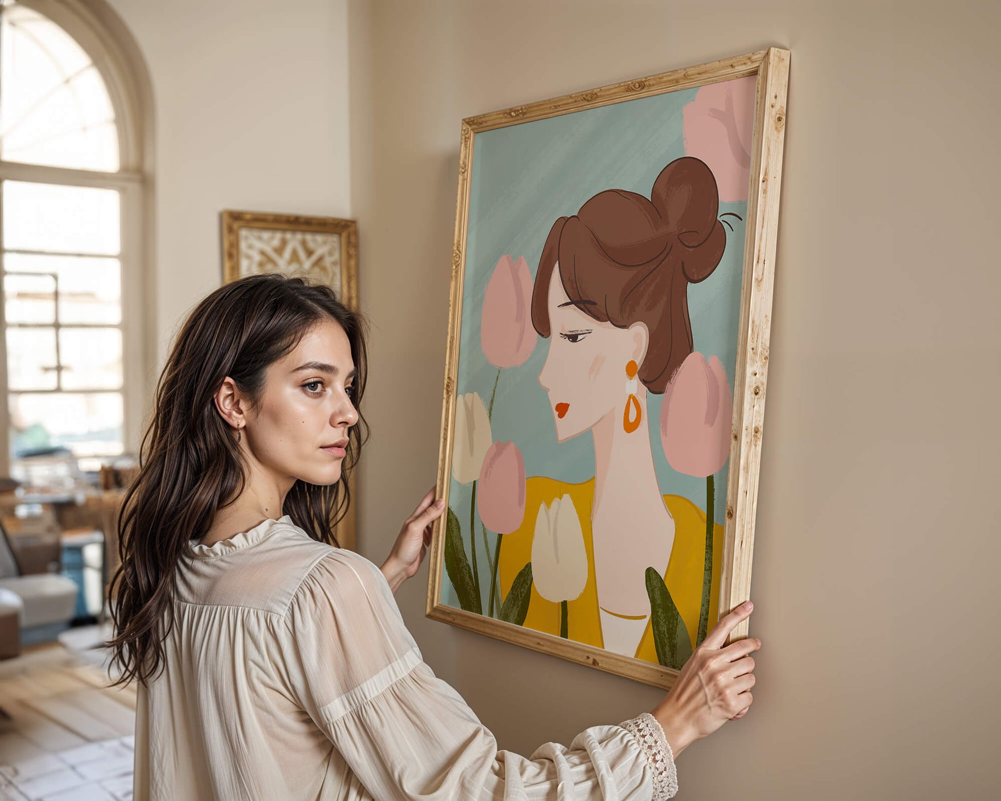 Serene woman surrounded by pastel tulips illustration