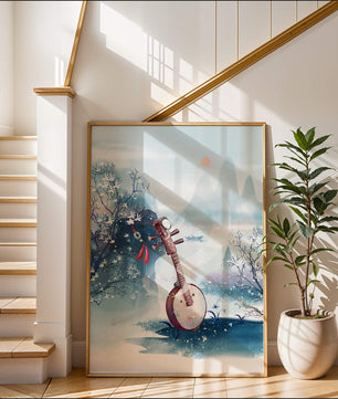 Paisaje tradicional chino con instrumento musical y flores
