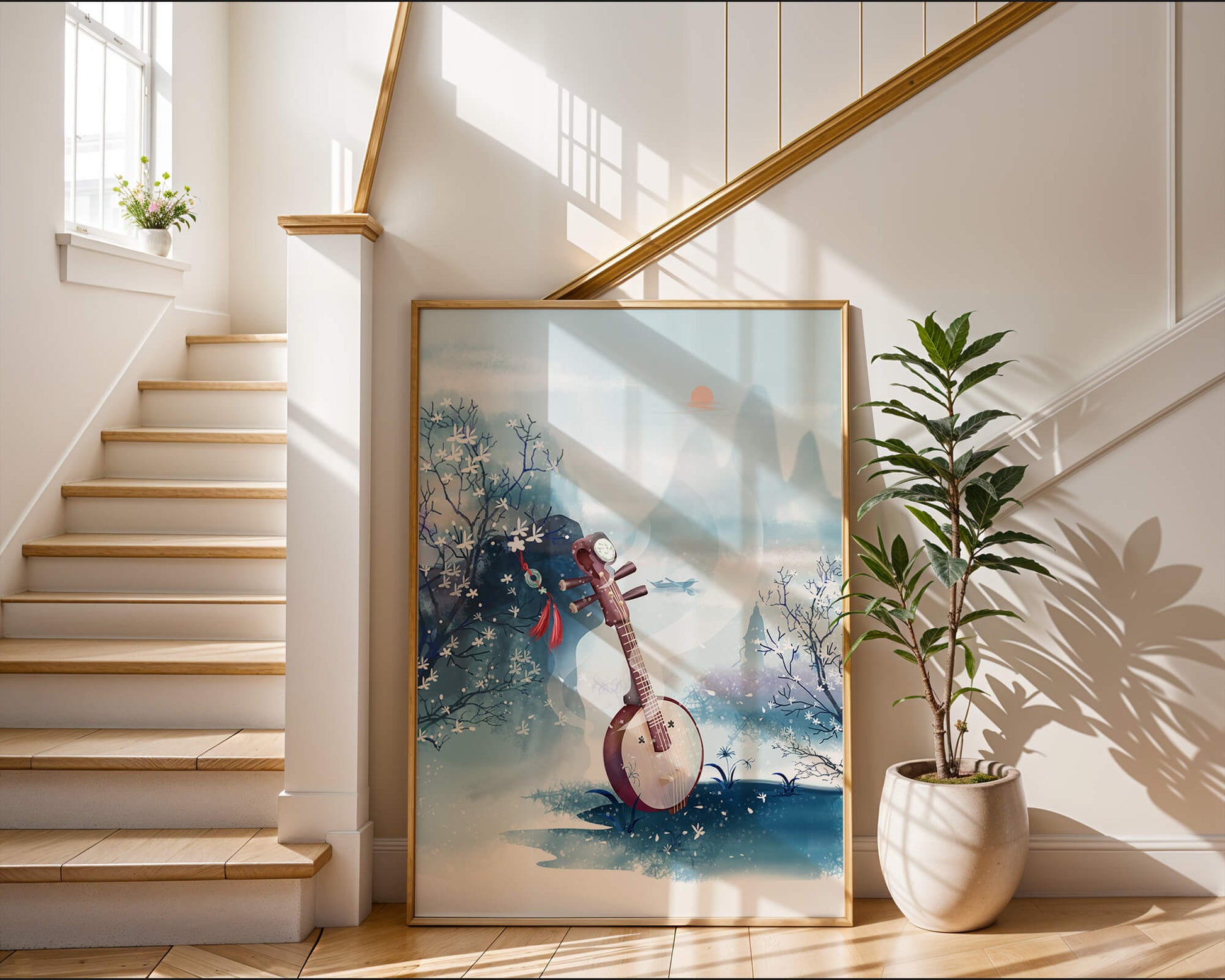 Paisaje tradicional chino con instrumento musical y flores
