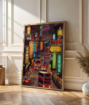 Vibrant urban street with neon signs and bustling traffic at night