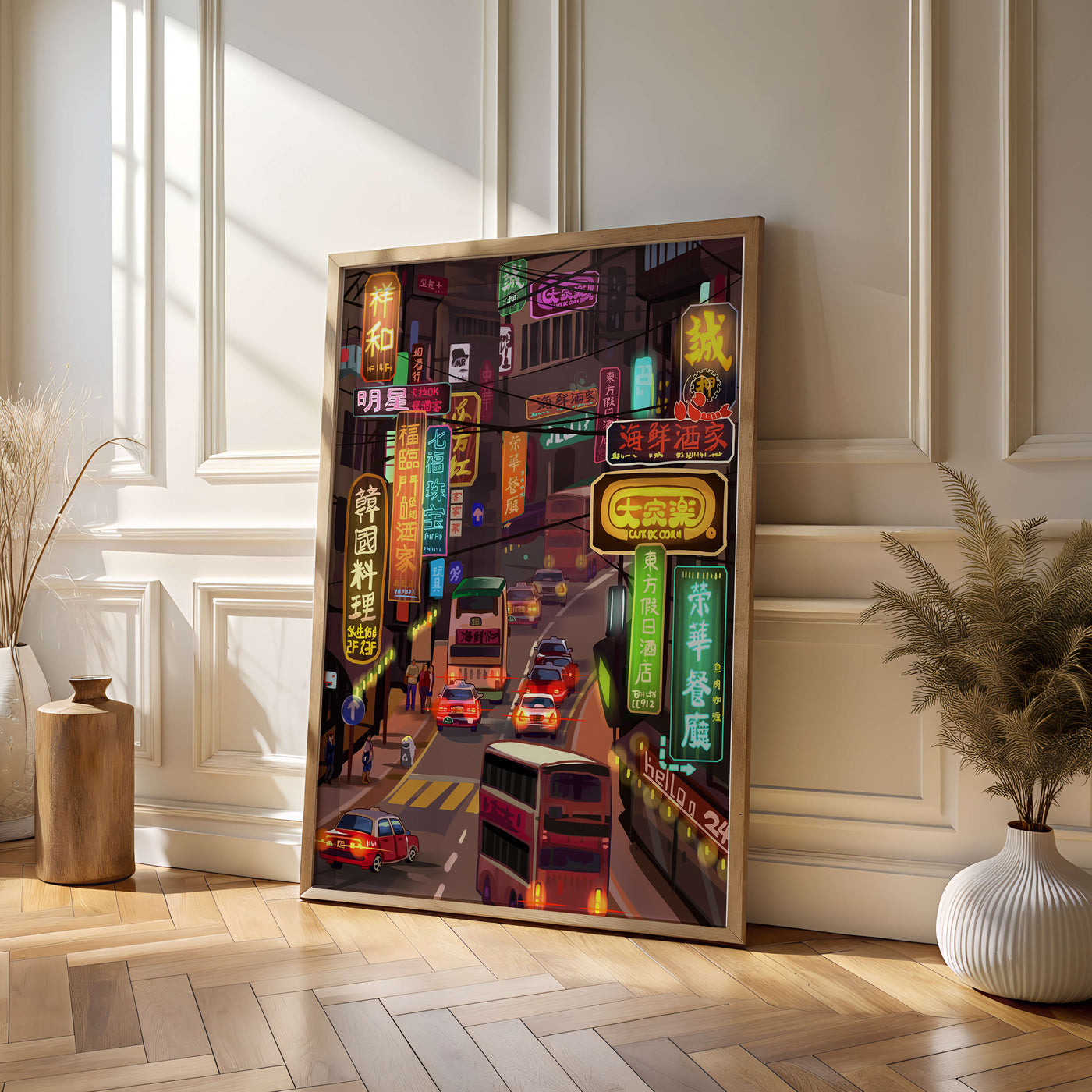 Vibrant urban street with neon signs and bustling traffic at night
