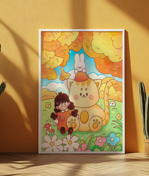 Ilustración caprichosa de una niña, un gato y un conejo en un paisaje otoñal