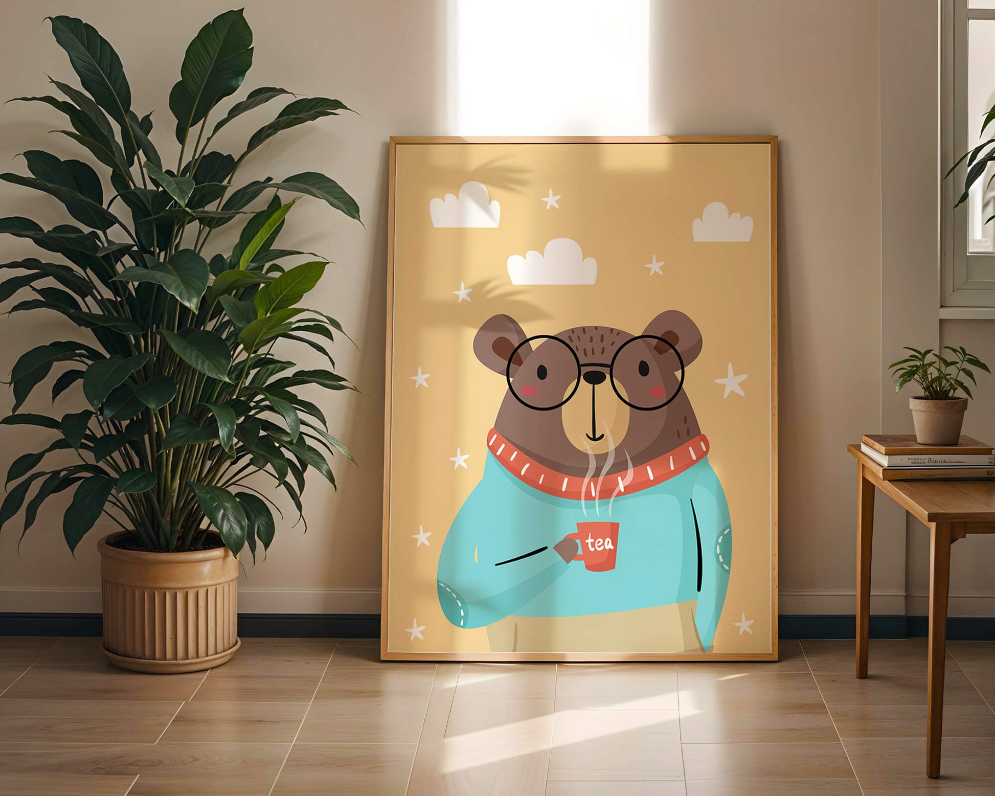 Illustration of a bear with glasses holding a tea cup against a starry background