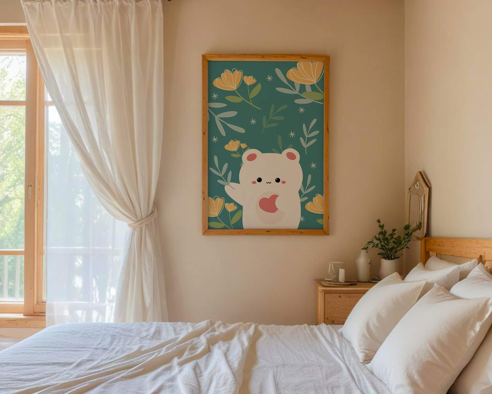 Adorable bear with heart surrounded by whimsical floral elements