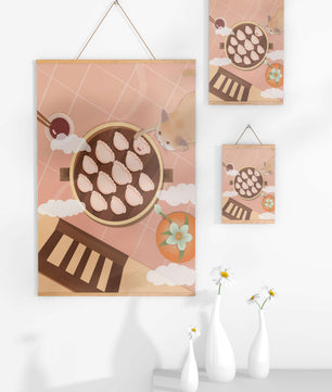 Gato alcanzando dumplings en una mesa con azulejos rosas y naranjas con palillos