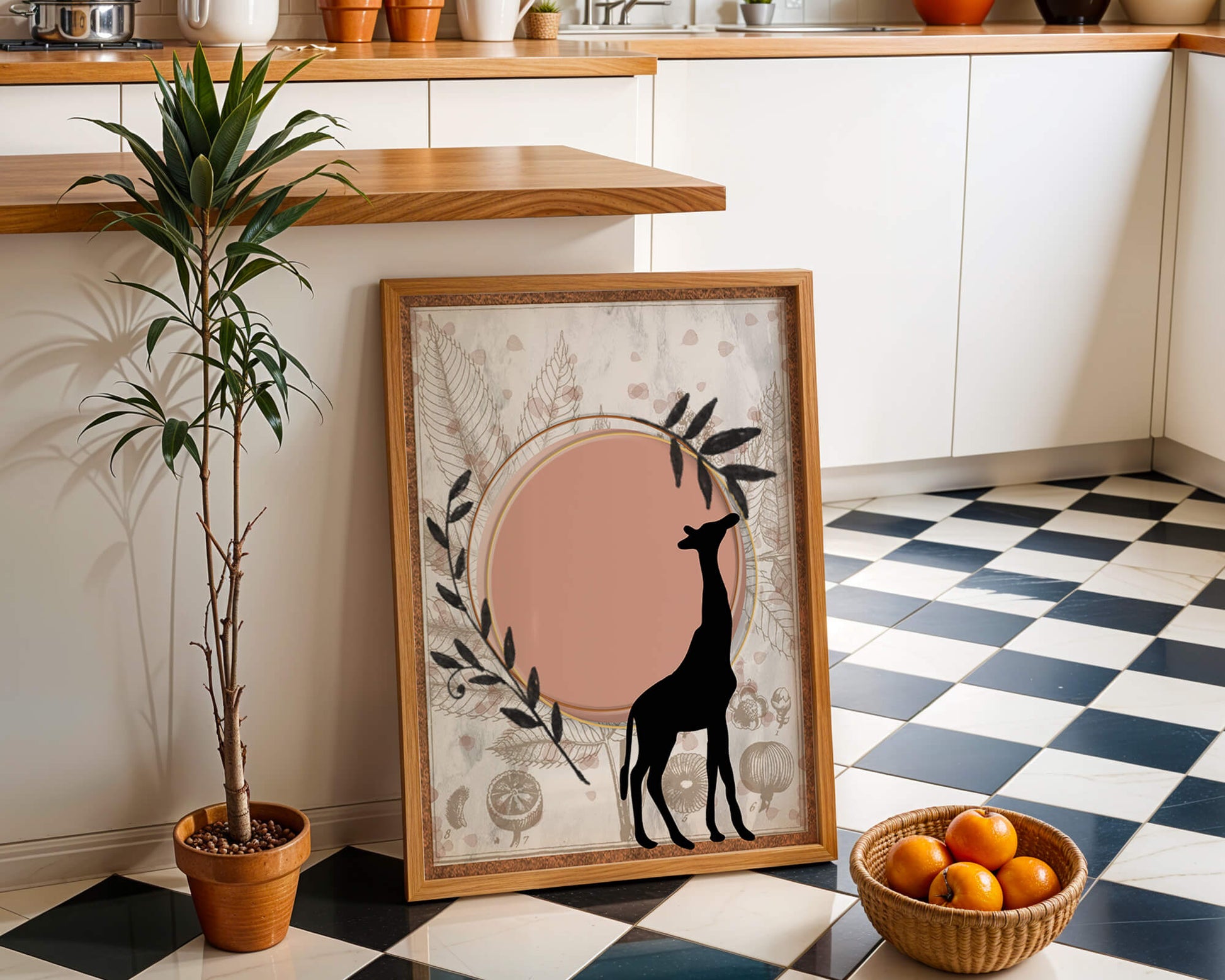 Nature-inspired artwork with giraffe silhouette and botanical elements