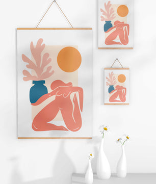 Figura desnuda abstracta con jarrón y sol en estilo minimalista