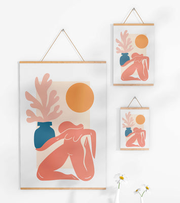 Abstract Nude Figure with Vase and Sun in Minimalist Style