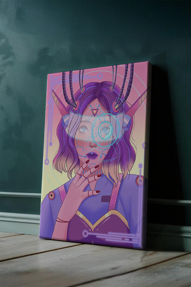 Futuristic digital art featuring a cybernetic woman with a holographic interface