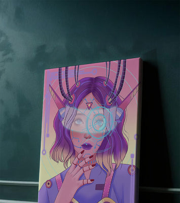 Futuristic digital art featuring a cybernetic woman with a holographic interface