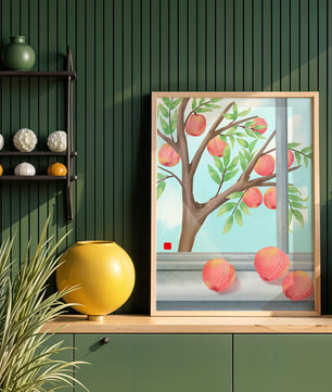 Peach tree outside a window with ripe peaches and sunny sky