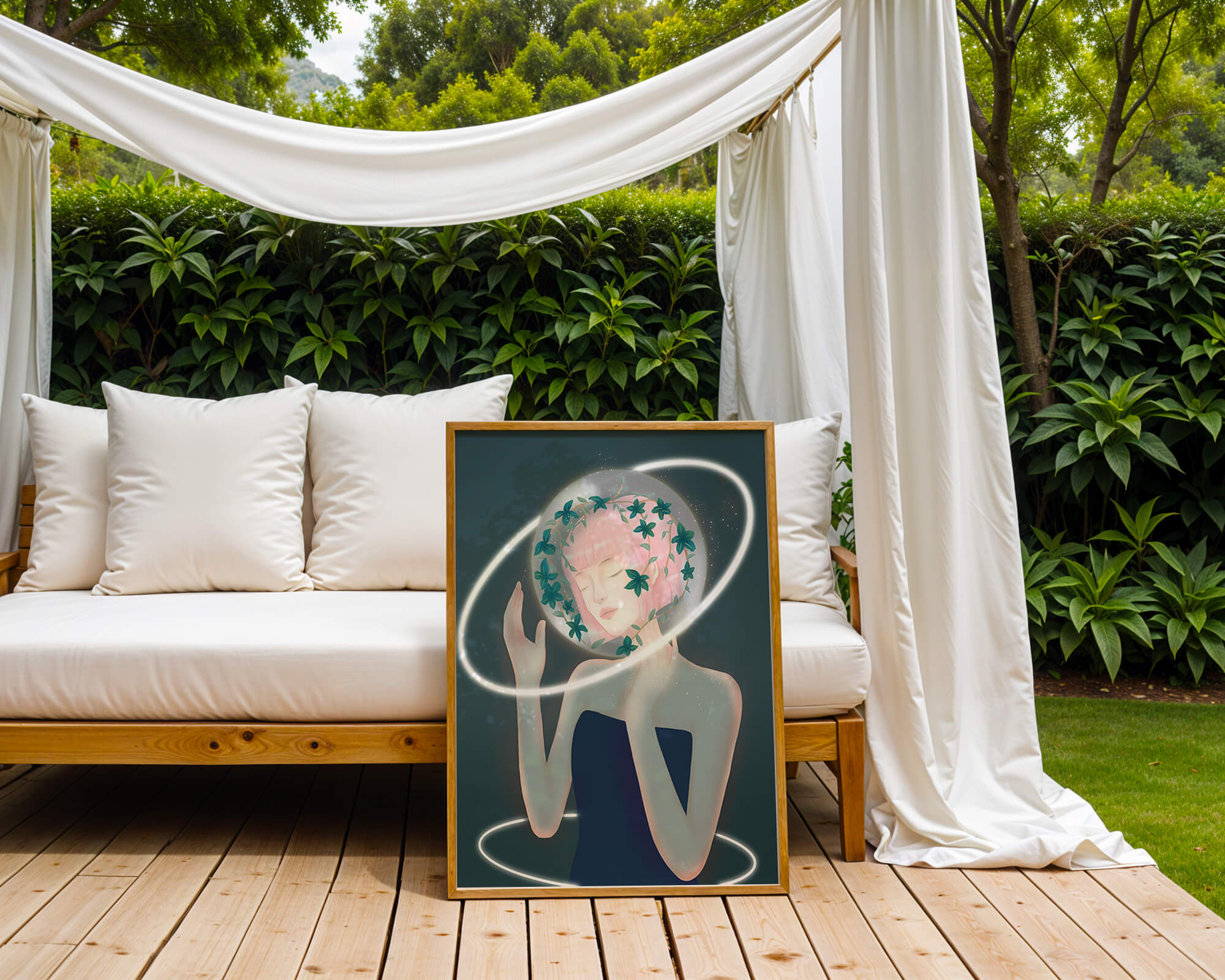Dreamlike fantasy portrait with ethereal pink-haired figure