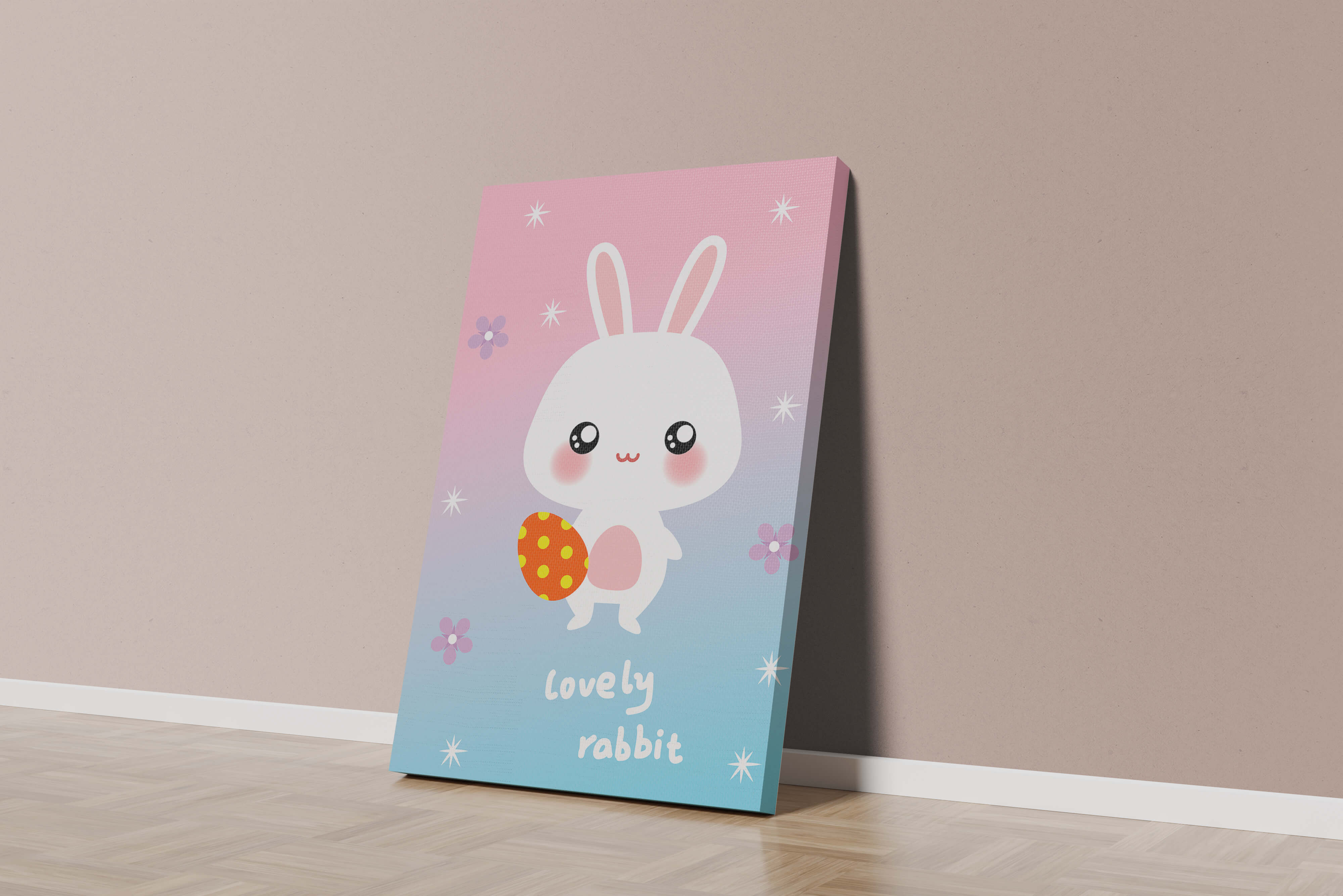 Adorable rabbit illustration with a colorful egg on a pastel background