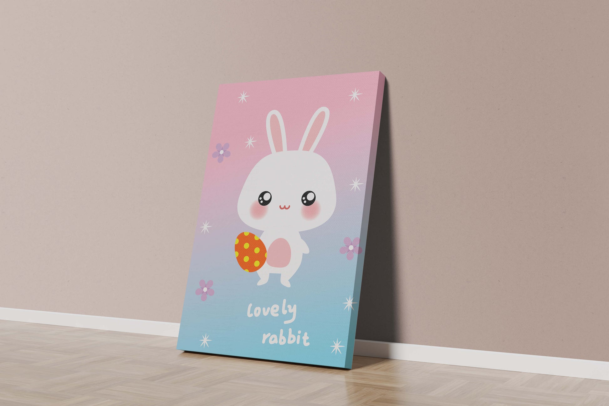 Adorable rabbit illustration with a colorful egg on a pastel background