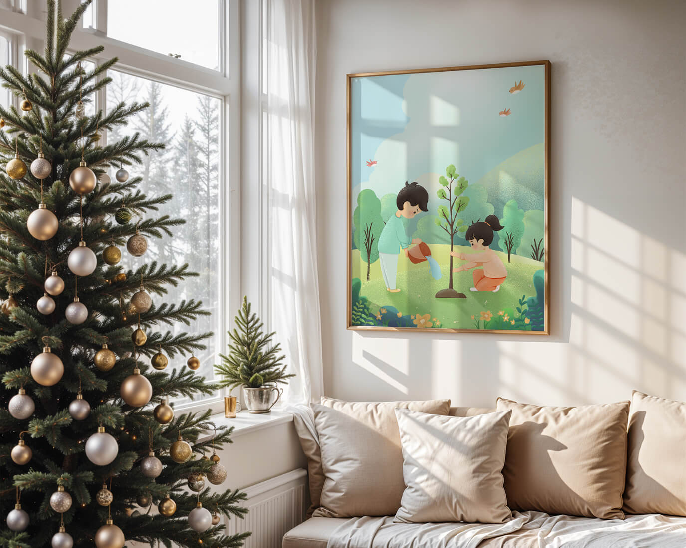 Children nurturing a young tree in a lush green landscape