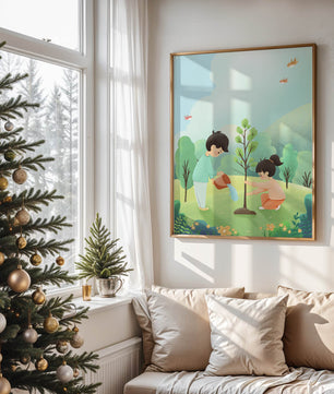 Kinder pflegen einen jungen Baum in einer üppig grünen Landschaft