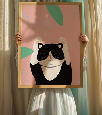 Illustrated cat on pink background with leaves