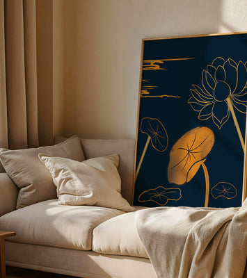 Golden Lotus Flowers in Abstract Night Sky