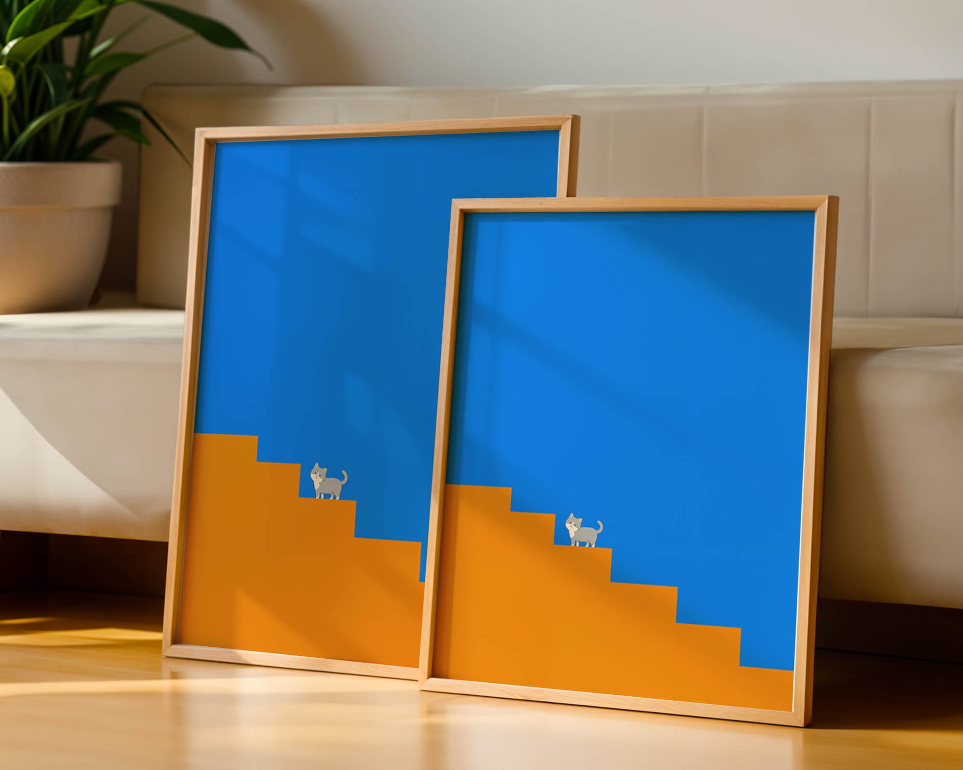 Minimalistic cat on stairs with blue background