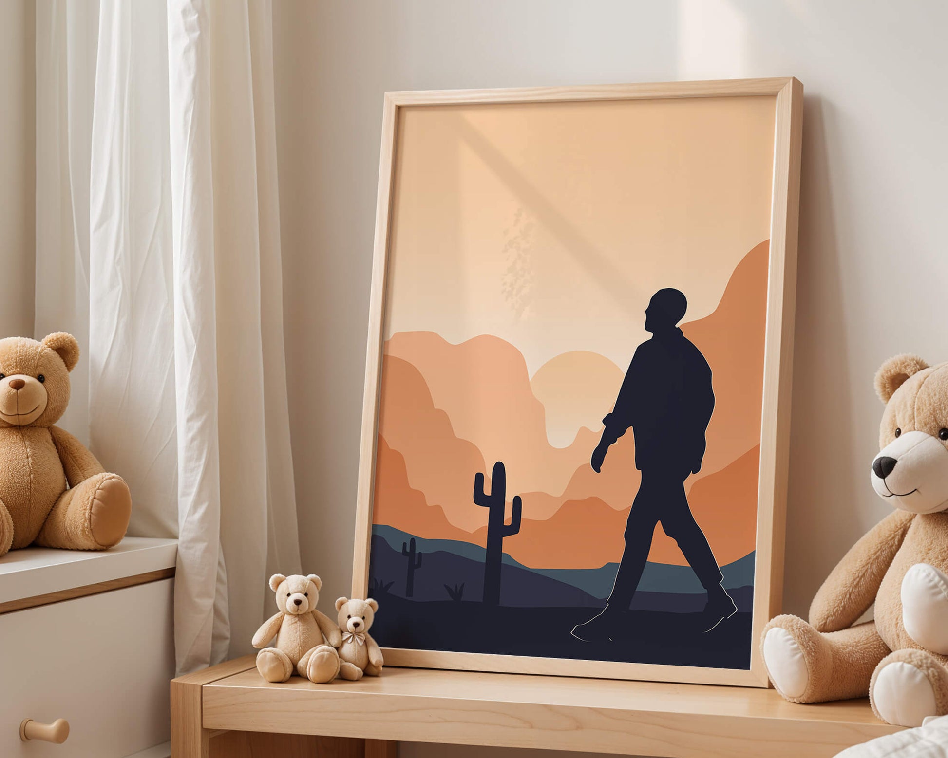 Silhouetted figure walking in desert landscape at sunset