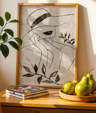 Abstract Woman in Hat with Minimalist Leaf Design